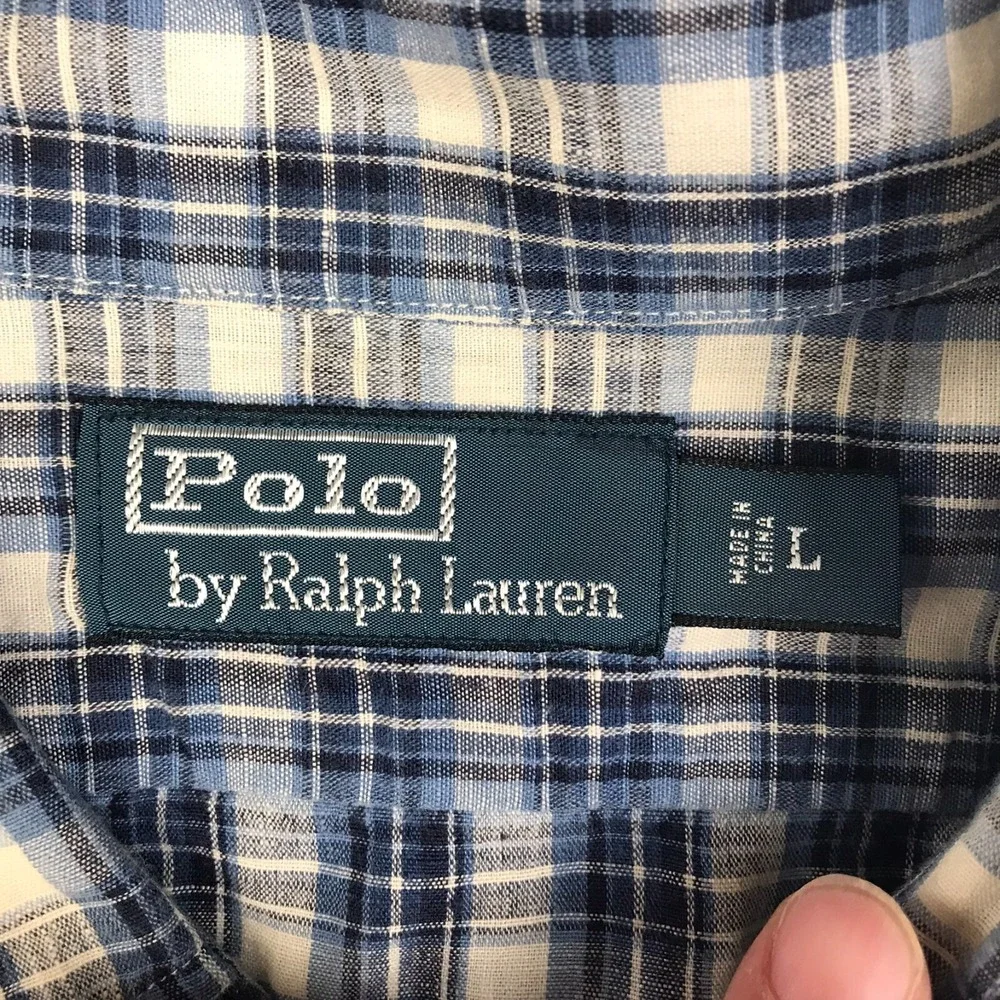 Polo Ralph Lauren Shirt Men L Blue Plaid Linen Cotton Blend Button Up Pockets